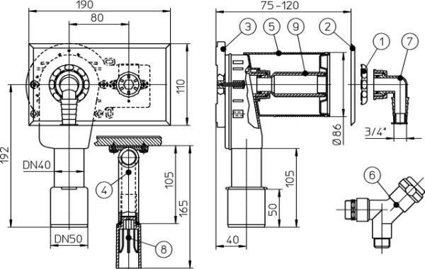 Waschgeräte-UP-Siphon DN40/50 mit integriertem Wasseranschluss und Auslaufhahn R 1/2" - 180x100mm HL406